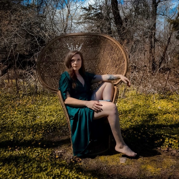 Express peacock emerald satin faux wrap gown - Picture 12 of 12